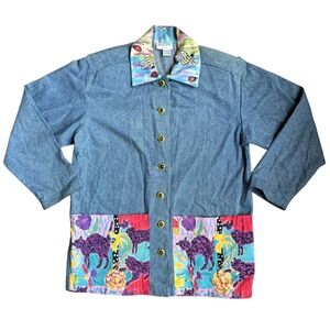 Silkscapes Vintage Patchwork Cat Jean Jacket Womens Size M Artsy Long Eclectic